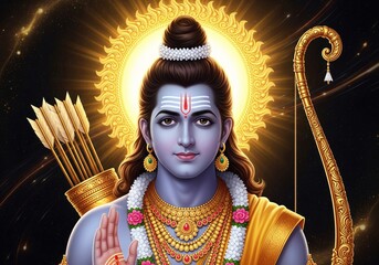 Portrait of Lord Rama the Hindu deity with bow and arrows.