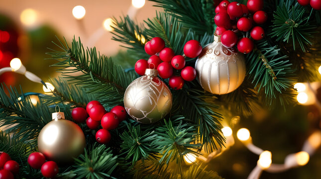 Festive christmas tree branches with ornaments and twinkling lights