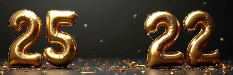 Gold balloons in the shape of numbers 25 and 22 against dark background. Anniversary, birthday celebration concept. Sparkling confetti and bokeh lights. Perfect for design projects.