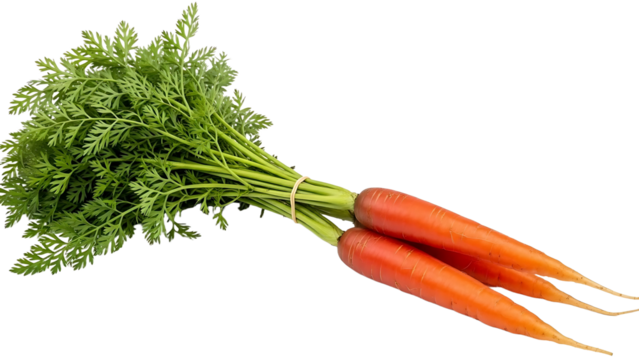 Two carrots with green tops tied together with band on transparent background