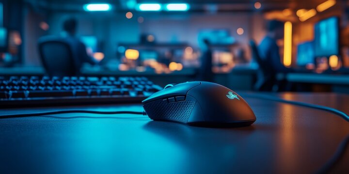 Gaming mouse illuminating desk in busy office at night