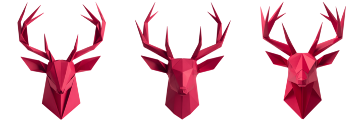 Three red low poly deer head papercraft mounts isolated on transparent background