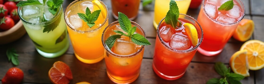Collection of colorful summer cocktails with mint and citrus fruits served on a rustic wooden table. Refreshing beverages perfect for parties or bars. Includes spritz, mojito, and other drinks. - Powered by Adobe