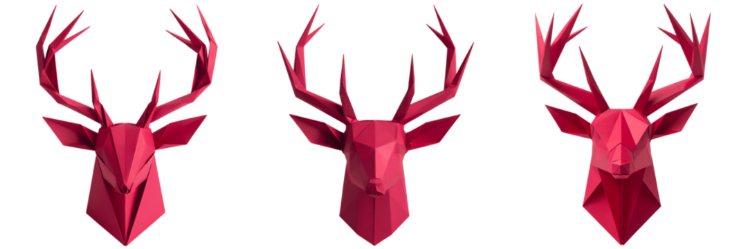 Three red low poly deer head papercraft mounts isolated on transparent background - Powered by Adobe
