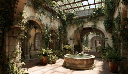 Enchanting Courtyard Oasis - A Tranquil Retreat with Lush Greenery and Ancient Architecture.