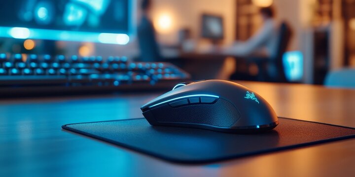 Wireless mouse sitting on mousepad on desk in modern office at night