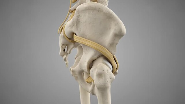 Anatomical illustration of human hip joint and surrounding ligaments