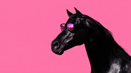 Horse wearing sunglasses, blowing pink bubble gum, pastel pink background, humorous fashion editorial, glossy pop art style, surreal concept, postcard poster banner, viral marketing, copy space.