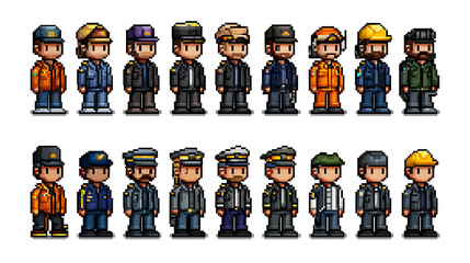 Naklejka premium Creative Pixel Art Professionals with Diverse Uniform Roles & Annotation Bar.