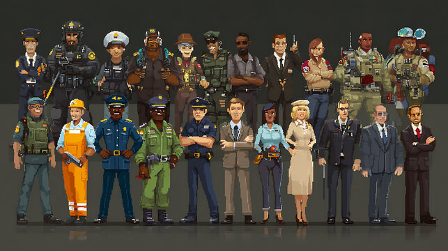 Creative Pixel Art Professionals with Diverse Uniform Roles & Annotation Bar.