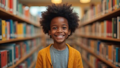 Happy young boy smiles at camera. Child stands in library. He wears yellow sweater. Bookshelves in background create an educational atmosphere. The child looks joyful