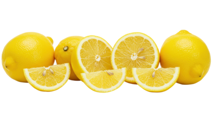 Bright yellow, ripe lemons, some whole, some halved with juicy pulp, and thin slices, arranged horizontally against a transparent background with copy space, concept of freshness and natural zest
