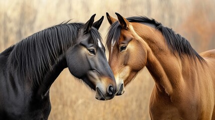 Two horses affectionately embracing in a peaceful natural setting
