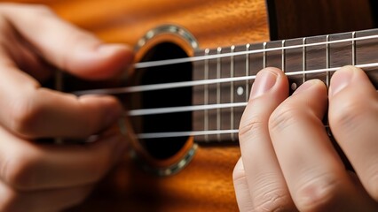 Fototapeta premium Close up of human hands pressing on ukulele strings and fretboard, demonstrating musical skill, dedication, and the joy of playing a melodic string instrument.