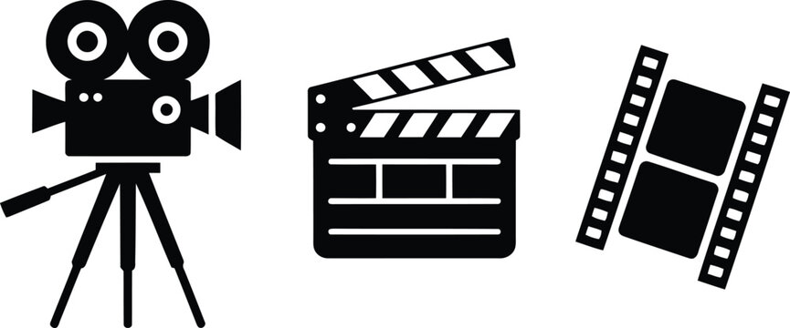 Classic filmmaking tools displayed with an old movie camera, a clapperboard, and a tilted film reel