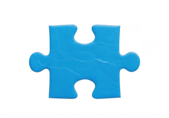 Single isolated bright blue jigsaw puzzle piece, textured surface, representing concepts of problem solving, connection, and completeness