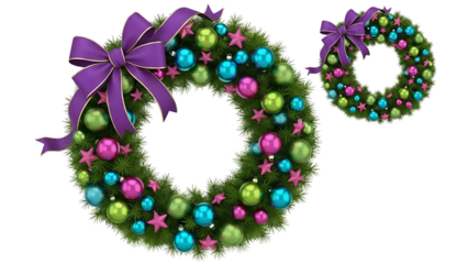 Christmas wreaths with ornaments and purple bows on transparent background