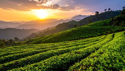 Lush tea plantation on rolling hills illuminated by a vibrant sunset with mountains in the distance