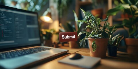 Software developer submitting code on laptop in cozy home office