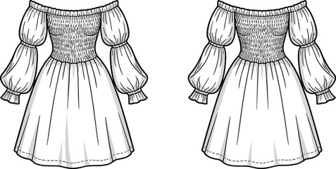 Off-the-shoulder puff sleeve dress sketch, front and back view, flat vector, CAD drawing, apparel design illustration