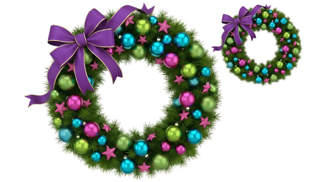 Christmas wreaths with ornaments and purple bows on transparent background