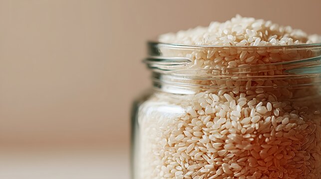 Detailed image of white rice grains in a transparent glass jar, highlighting texture and abundance on a neutral background.