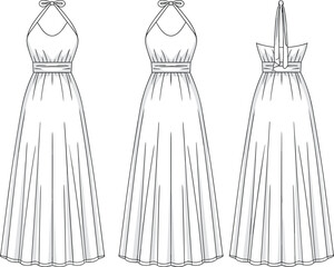 Halter-neck dress fashion sketch, front and back view, pleated skirt, flat vector, CAD drawing, apparel design illustration