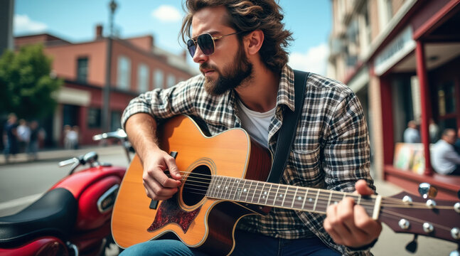 Street musician acoustic guitar plaid shirt sunglasses beard urban street daytime casual style male busking with passion under warm light, gentle mood and soft focus capture of live music scene