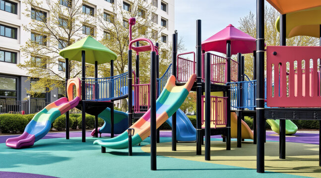 Colorful playground outdoor park play structure slides climbing kids safety rubber surface urban sunny day cheerful vibe with bright towers tunnels and bridges inviting fun and active play