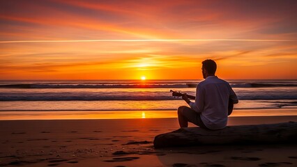 Man playing acoustic guitar on a sandy beach at a breathtaking ocean sunset, vibrant sky over gentle waves, peaceful evening scene, tranquil coastal landscape.