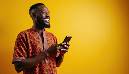Happy African man in traditional orange shirt uses smartphone. He smiles broadly, looking aside. Guy enjoys tech, connecting online on yellow background. Young adult shares joy.