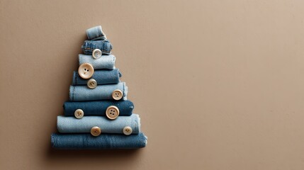 Creative denim and button arrangement forms a festive Christmas tree design on a neutral background, ideal for holiday themes.