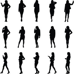 Black female business silhouettes, standing poses, gesture variety, professional attire, body language, fashion design, posture study, character modeling, illustration