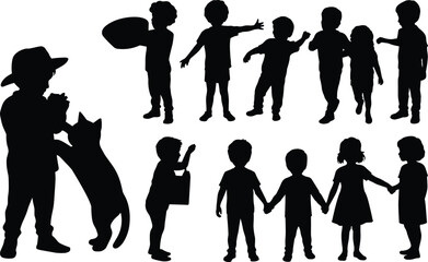 Black child silhouettes, playful interaction, cat companion, gesture variety, childhood activity, artistic design, posture diversity, friendship concept, silhouette illustration