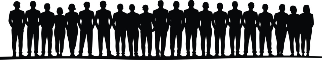 Group silhouette of diverse people standing in line, black figures, unity concept, community strength, collective identity, minimalist design