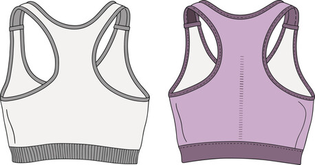 CAD drawing, flat vector illustration, racerback sports bra, back view, fashion sketch, activewear design, garment construction, technical apparel, clothing blueprint