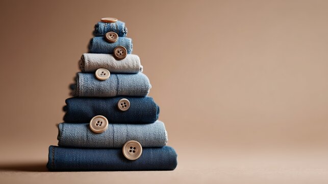 Rolled jeans stacked in a pyramid with buttons create a unique fashion display against a neutral background.