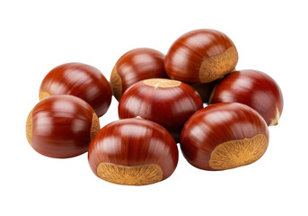 Fresh, raw European chestnuts, reddish-brown glossy shells, some clustered, on a pristine transparent seamless studio background with soft diffused lighting and sharp focus. Autumn food ingredients