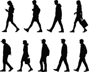 Black walking silhouettes, diverse clothing styles, accessory details, human motion, posture variation, minimalist design, urban figures, gesture illustration