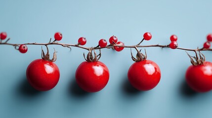 Vibrant red berries and tomatoes arranged on a delicate branch against a light blue backdrop, showcasing vivid contrasting colors.