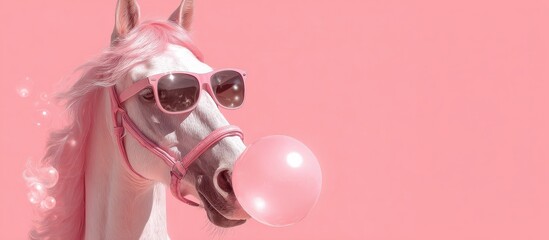 Horse wearing sunglasses, blowing pink bubble gum, pastel pink background, humorous fashion editorial, glossy pop art style, surreal concept, postcard poster banner, viral marketing, copy space.