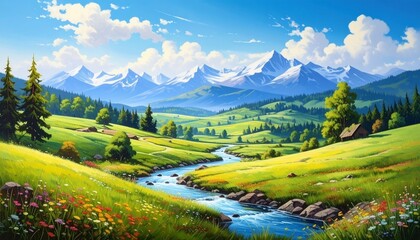 A vivid mountain meadow with a winding stream, wildflowers, and snow-capped peaks under a bright sky.
