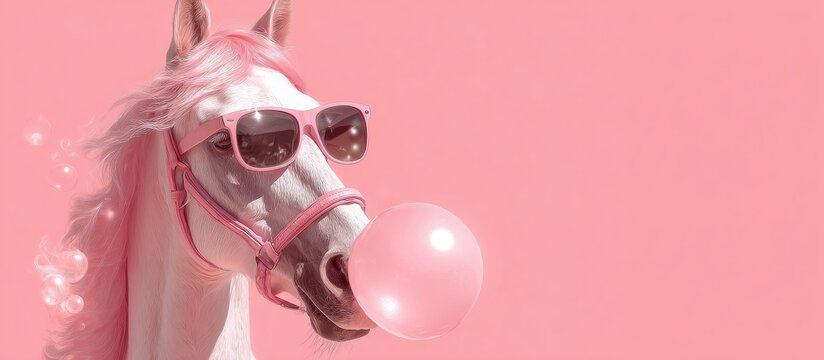 Horse wearing sunglasses, blowing pink bubble gum, pastel pink background, humorous fashion editorial, glossy pop art style, surreal concept, postcard poster banner, viral marketing, copy space.