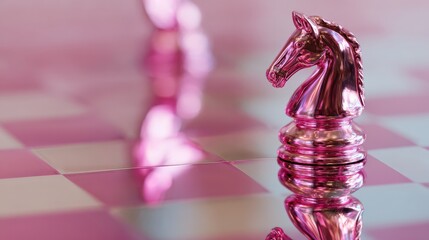 Glossy pink knight chess piece macro, checkered board, surface reflections, soft shadows, modern product styling, luxury concept, Chinese New Year symbol, business strategy, corporate branding, horse.