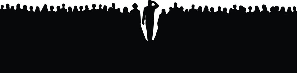 Silhouettes of crowd with one unique figure, black and white contrast, individuality concept, standing out, emotional identity design