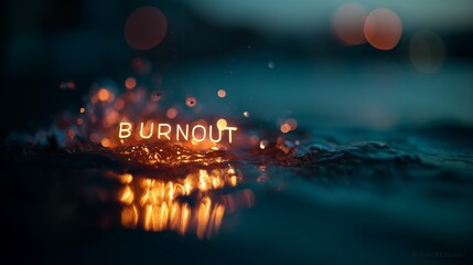 Glowing neon Burnout text submerged in water, symbolizing emotional exhaustion and stress in a modern, dramatic depiction.