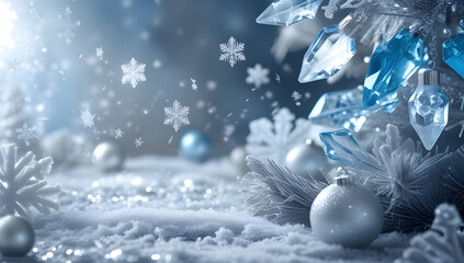 Magical winter wonderland christmas scene with snowflakes and ornaments