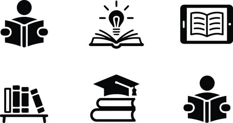 Collection of six essential black education and learning icons including books, a tablet, and a graduation cap