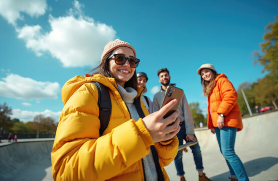 Cheerful woman looks at camera with phone in hand. Friends gathering, young adults at skateboard park enjoy weekend activity. Skaters hang out together smile at bright sky and sunny day outdoors.