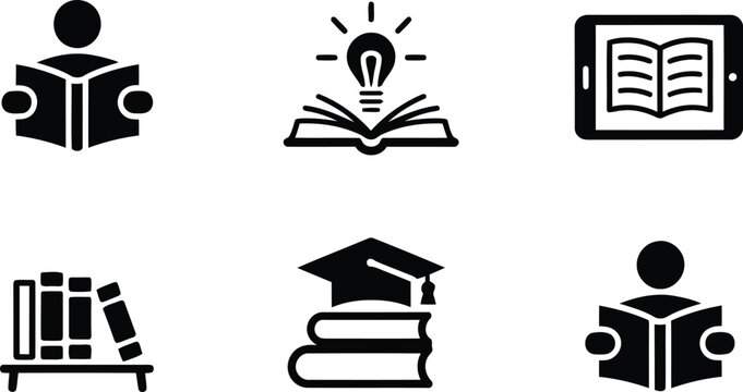 Collection of six essential black education and learning icons including books, a tablet, and a graduation cap